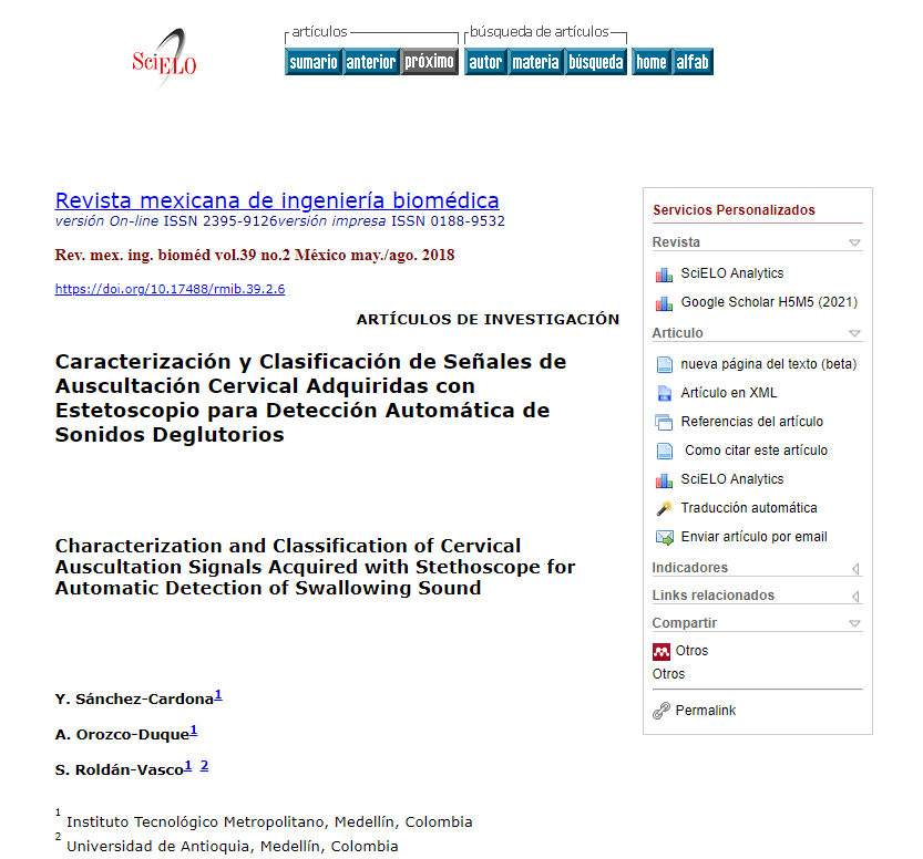 Caracterización y Clasificación de Señales de Auscultación Cervical Adquiridas con Estetoscopio para Detección Automática de Sonidos Deglutorios