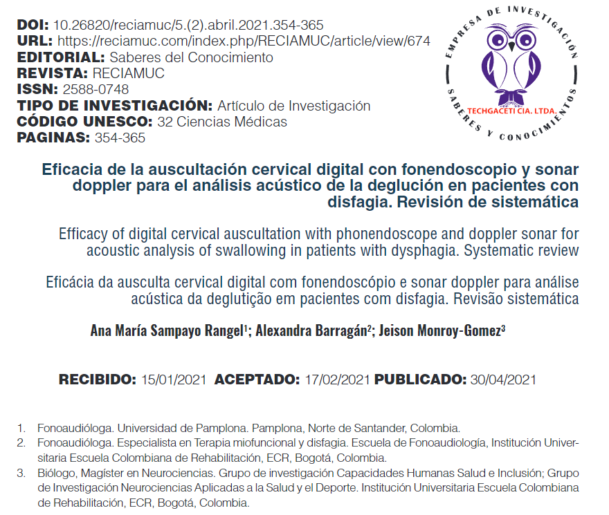 Eficacia de la auscultación cervical digital con fonendoscopio y sonar doppler para el análisis acústico de la deglución en pacientes con disfagia. Revisión de sistemática